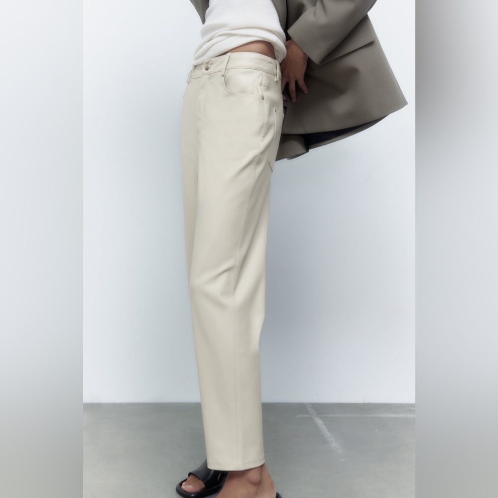 Zara Ecru Faux Leather High Rise Mom Fit Pants - Picture 8 of 13